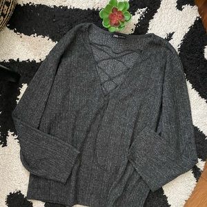 Zara Lace-Up Sweater Top Ribbed Marled Gray Large
